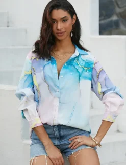 Hot Women's Shirt Button Down Tunic Shirt Collar Long Sleeve Elegant Fashion Daily Abstract s Print Regular Tops Casual Pink Blue Purple Fall & Winter Women Spring Tops