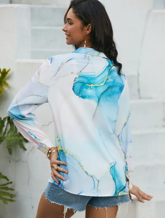 Hot Women's Shirt Button Down Tunic Shirt Collar Long Sleeve Elegant Fashion Daily Abstract s Print Regular Tops Casual Pink Blue Purple Fall & Winter Women Spring Tops