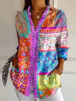 Hot Women's Shirt Button Down Tunic Shirt Collar Long Sleeve Floral Graphic Daily Stylish Casual Regular Tops Work Daily s Print Pink Blue Purple Spring Women Blouses & Shirts