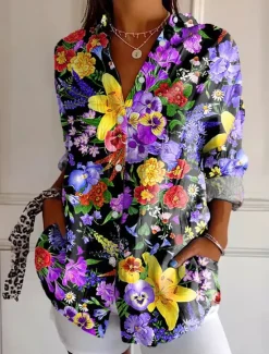 Hot Women's Shirt Button Down Tunic Shirt Collar Long Sleeve Floral Graphic Daily Stylish Casual Regular Tops Work Daily s Print Pink Blue Purple Spring Women Blouses & Shirts