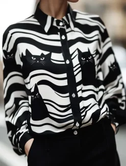Best Women's Shirt Button Down Tunic Shirt Collar Long Sleeve Cat Striped Elegant Stylish Modern Regular Tops Work Print Spring Fall Winter Women Blouses & Shirts