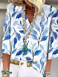 Online Women's Shirt Button Down Blouse Floral Vintage Tropical Daily 3/4 Length Sleeve V Neck Regular Tops Daily Print Summer Spring Women Blouses & Shirts