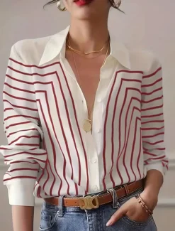 Best Women's Shirt Button Down Tunic Shirt Collar Long Sleeve Striped Casual Regular Tops Work Daily s Print Black Red Spring Fall Winter Women Blouses & Shirts