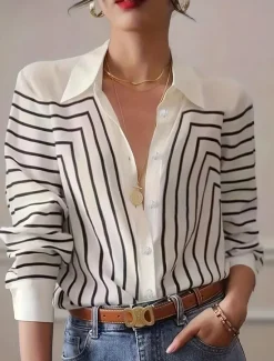 Best Women's Shirt Button Down Tunic Shirt Collar Long Sleeve Striped Casual Regular Tops Work Daily s Print Black Red Spring Fall Winter Women Blouses & Shirts