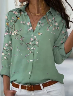Clearance Women's Shirt Button Down Tunic Shirt Collar Long Sleeve Floral Print Green Purple Blue Casual Holiday Elegant Fashion Spring Summer Women Blouses & Shirts