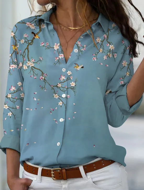 Clearance Women's Shirt Button Down Tunic Shirt Collar Long Sleeve Floral Print Green Purple Blue Casual Holiday Elegant Fashion Spring Summer Women Blouses & Shirts