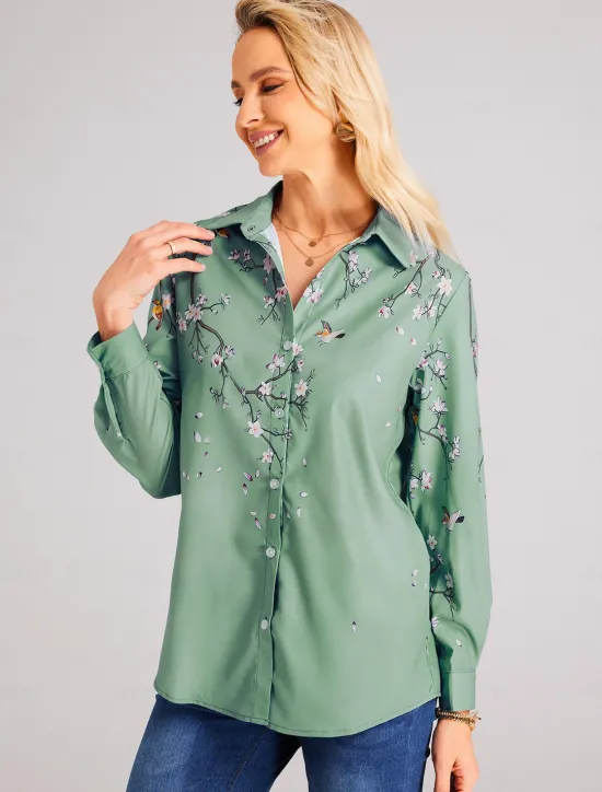 Clearance Women's Shirt Button Down Tunic Shirt Collar Long Sleeve Floral Print Green Purple Blue Casual Holiday Elegant Fashion Spring Summer Women Blouses & Shirts