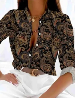 Women's Shirt Button Down Tunic Shirt Collar Long Sleeve Floral Graphic Casual Regular Tops Work Daily s Print Spring Fall Winter Women Boho Tops