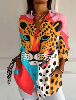 Sale Women's Shirt Button Down Tunic Shirt Collar Long Sleeve Graphic Animal Daily Stylish Casual Regular Tops Daily Holiday s Print Pink Blue Green Khaki Spring Fall Women Blouses & Shirts
