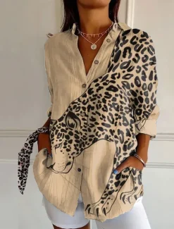 Sale Women's Shirt Button Down Tunic Shirt Collar Long Sleeve Graphic Animal Daily Stylish Casual Regular Tops Daily Holiday s Print Pink Blue Green Khaki Spring Fall Women Blouses & Shirts