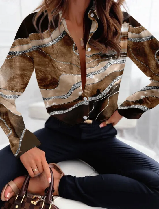 Women's Shirt Button Down Tunic Shirt Collar Long Sleeve Fashion Abstract s Print Regular Tops Casual Pink Blue Brown Green Gray Spring & Fall Women Blouses & Shirts