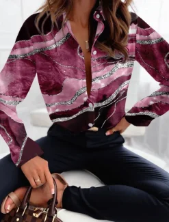 Women's Shirt Button Down Tunic Shirt Collar Long Sleeve Fashion Abstract s Print Regular Tops Casual Pink Blue Brown Green Gray Spring & Fall Women Blouses & Shirts
