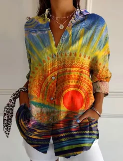 Online Women's Shirt Button Down Tunic Shirt Collar Long Sleeve Floral Casual Regular Tops Work Daily s Print White Yellow Pink Red Blue Spring Fall Winter Women Blouses & Shirts