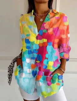 Online Women's Shirt Button Down Tunic Shirt Collar Long Sleeve Floral Casual Regular Tops Work Daily s Print White Yellow Pink Red Blue Spring Fall Winter Women Blouses & Shirts