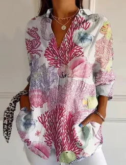 Online Women's Shirt Button Down Tunic Shirt Collar Long Sleeve Floral Casual Regular Tops Work Daily s Print White Yellow Pink Red Blue Spring Fall Winter Women Blouses & Shirts