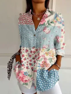 Online Women's Shirt Button Down Tunic Shirt Collar Long Sleeve Floral Casual Regular Tops Work Daily s Print White Yellow Pink Red Blue Spring Fall Winter Women Blouses & Shirts
