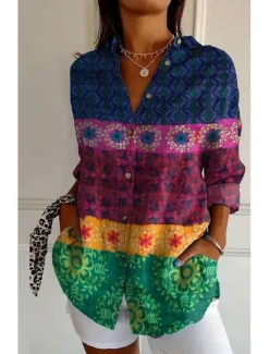 Sale Women's Shirt Button Down Tunic Shirt Collar Long Sleeve Graphic Geometric Casual Regular Tops Work Daily s Print Blue Purple Fuchsia Green Spring Fall Winter Women Boho Tops