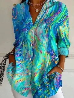 Sale Women's Shirt Button Down Tunic Shirt Collar Long Sleeve Graphic Geometric Casual Regular Tops Work Daily s Print Blue Purple Fuchsia Green Spring Fall Winter Women Boho Tops