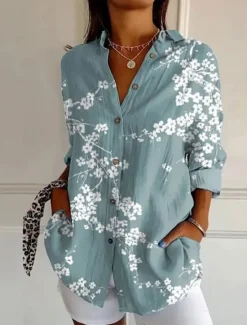 New Women's Shirt Button Down Tunic Shirt Collar Long Sleeve Floral Graphic Daily Stylish Casual Regular Tops Work Daily s Print White Blue Green Spring Women Blouses & Shirts