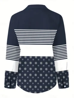 Online Women's Shirt Button Down Tunic Shirt Collar Long Sleeve Geometric Striped Casual Regular Tops Work Daily s Print Spring Fall Winter Women Blouses & Shirts