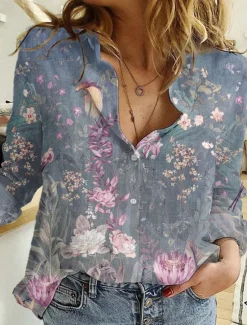 Women's Shirt Button Down Tunic Shirt Collar Long Sleeve Hawaiian Graphic Floral Print Daily Weekend Tropical Vintage Regular Floral Holiday Clothes Black Pink Women Spring Tops