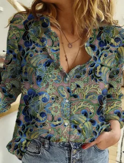 Women's Shirt Button Down Tunic Shirt Collar Long Sleeve Hawaiian Graphic Floral Print Daily Weekend Tropical Vintage Regular Floral Holiday Clothes Black Pink Women Spring Tops