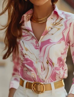 Discount Women's Shirt Button Down Tunic Shirt Collar Long Sleeve Marble Print Work Elegant Stylish Business Fall Women Blouses & Shirts|Spring Tops