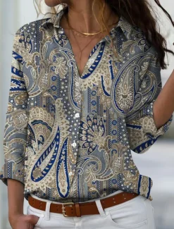 Clearance Women's Shirt Button Down Tunic Shirt Collar Long Sleeve Elegant Vintage Fashion Paisley s Print Regular Tops Casual Daily Holiday Spring Fall Women Blouses & Shirts|Boho Tops