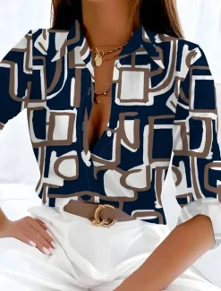 Best Women's Shirt Button Down Tunic Shirt Collar Long Sleeve Geometric Casual Regular Tops Work Daily s Print Spring Fall Winter Women Spring Tops