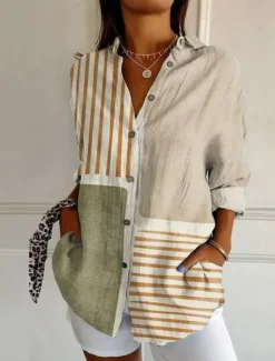 Outlet Women's Shirt Button Down Tunic Shirt Collar Long Sleeve Graphic Geometric Vintage Tropical Stylish Regular Tops Work Daily s Print Yellow Orange Khaki Spring Fall Winter Women Blouses & Shirts