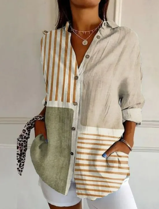 Outlet Women's Shirt Button Down Tunic Shirt Collar Long Sleeve Graphic Geometric Vintage Tropical Stylish Regular Tops Work Daily s Print Yellow Orange Khaki Spring Fall Winter Women Blouses & Shirts