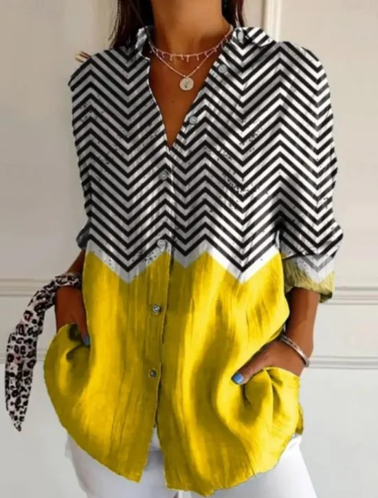 Outlet Women's Shirt Button Down Tunic Shirt Collar Long Sleeve Graphic Geometric Vintage Tropical Stylish Regular Tops Work Daily s Print Yellow Orange Khaki Spring Fall Winter Women Blouses & Shirts