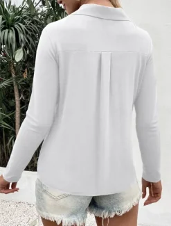 Outlet Women's Shirt Button Down Blouse Solid Color Stylish Casual Long Sleeve V Neck Regular Tops Daily Buttons Black White Blue Fuchsia Summer Spring Women Blouses & Shirts