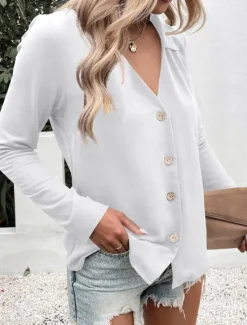 Outlet Women's Shirt Button Down Blouse Solid Color Stylish Casual Long Sleeve V Neck Regular Tops Daily Buttons Black White Blue Fuchsia Summer Spring Women Blouses & Shirts
