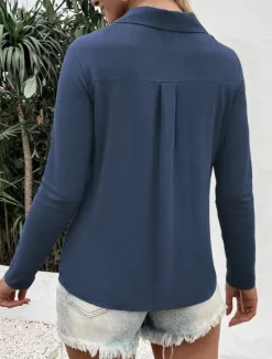 Outlet Women's Shirt Button Down Blouse Solid Color Stylish Casual Long Sleeve V Neck Regular Tops Daily Buttons Black White Blue Fuchsia Summer Spring Women Blouses & Shirts