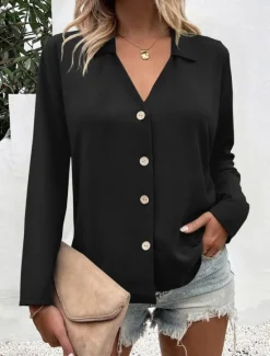 Outlet Women's Shirt Button Down Blouse Solid Color Stylish Casual Long Sleeve V Neck Regular Tops Daily Buttons Black White Blue Fuchsia Summer Spring Women Blouses & Shirts