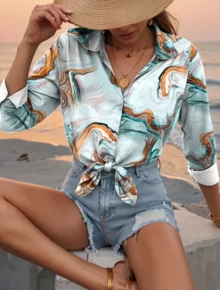 Hot Women's Shirt Button Down Tunic Shirt Collar Long Sleeve Tie Dye Abstract Casual Regular Tops Work Daily s Print Spring Fall Winter Women Spring Tops