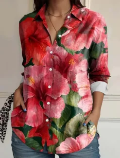 Hot Women's Shirt Button Down Tunic Shirt Collar Long Sleeve Floral Casual Regular Tops Work Daily s Print Pink Red Blue Orange Rainbow Spring Fall Women Spring Tops