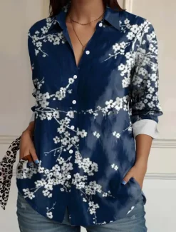 Hot Women's Shirt Button Down Tunic Shirt Collar Long Sleeve Floral Casual Regular Tops Work Daily s Print Pink Red Blue Orange Rainbow Spring Fall Women Spring Tops