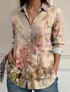 Hot Women's Shirt Button Down Tunic Shirt Collar Long Sleeve Floral Casual Regular Tops Work Daily s Print Pink Red Blue Orange Rainbow Spring Fall Women Spring Tops