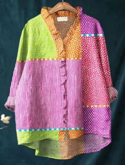 Best Women's Shirt Button Down Blouse Geometric Striped Stylish Casual Long Sleeve V Neck Regular Tops Daily Buttons Print Red Blue Purple Summer Spring Women Blouses & Shirts