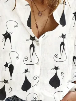 Sale Women's Shirt Button Down Tunic Shirt Collar Long Sleeve Cat Casual Regular Tops Daily s Print Spring Fall Women Blouses & Shirts