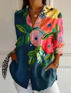 New Women's Shirt Button Down Tunic Shirt Collar Long Sleeve Floral Graphic Geometric Casual Regular Tops Work Daily s Print Black Pink Orange Green Spring Fall Winter Women Boho Tops