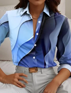 Online Women's Shirt Button Down Tunic Shirt Collar Long Sleeve Color Gradient Casual Regular Tops Work Daily s Print Pink Blue Purple Spring Fall Winter Women Blouses & Shirts