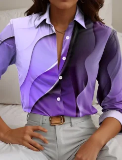 Online Women's Shirt Button Down Tunic Shirt Collar Long Sleeve Color Gradient Casual Regular Tops Work Daily s Print Pink Blue Purple Spring Fall Winter Women Blouses & Shirts