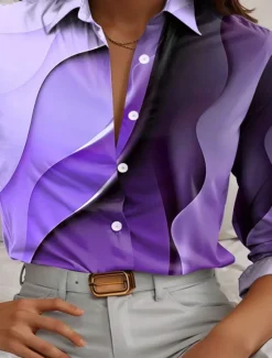 Online Women's Shirt Button Down Tunic Shirt Collar Long Sleeve Color Gradient Casual Regular Tops Work Daily s Print Pink Blue Purple Spring Fall Winter Women Blouses & Shirts