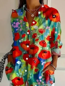 Discount Women's Shirt Button Down Tunic Shirt Collar Long Sleeve Floral Graphic Vintage Tropical Stylish Regular Tops Work Daily s Print Spring Fall Winter Women Blouses & Shirts