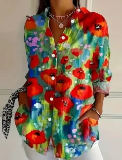 Discount Women's Shirt Button Down Tunic Shirt Collar Long Sleeve Floral Graphic Vintage Tropical Stylish Regular Tops Work Daily s Print Spring Fall Winter Women Blouses & Shirts