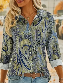 New Women's Shirt Button Down Tunic Shirt Collar Long Sleeve Graphic Casual Regular Tops Work Daily s Print Spring Fall Winter Women Boho Tops