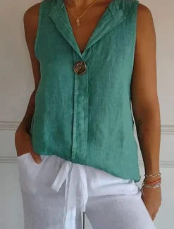 Discount Women's Shirt Button Up Cotton Linen Shirt Blouse Solid Color Elegant Daily Stylish Sleeveless V Neck Regular Tops Daily Holiday Going out Patchwork White Navy Blue Green Khaki Summer Spring Women Shirts